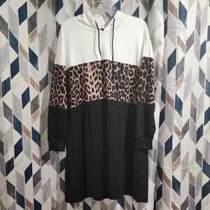 Leopard Print Color Block Hoodie Dress